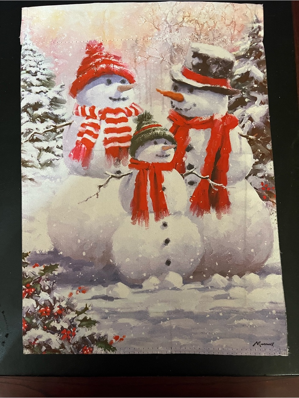 Holiday Snowman Family Decorative Flag with Red Accents